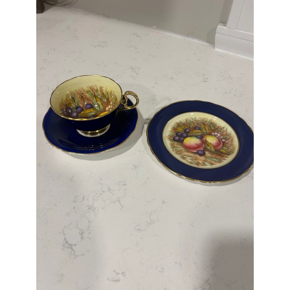Aynsley Orchard Gold Cobalt Blue Tea Cup Saucer Plate Trio D Jones Signed
